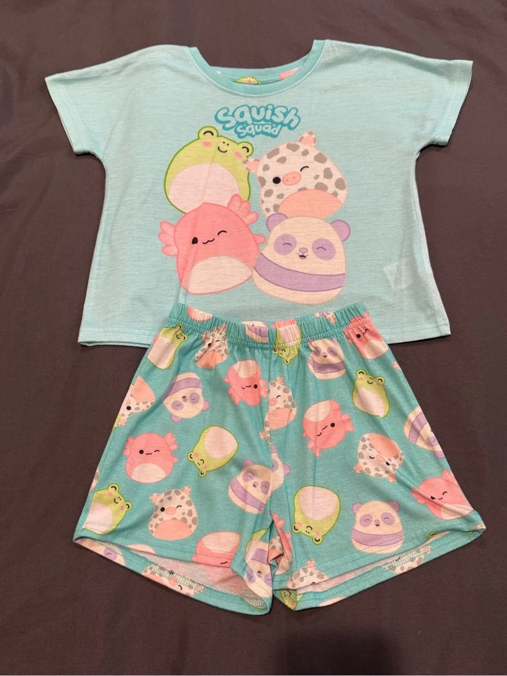 Squishmallows Aqua Short Pajama Set with Pastel Character Prints Sz 6/6x